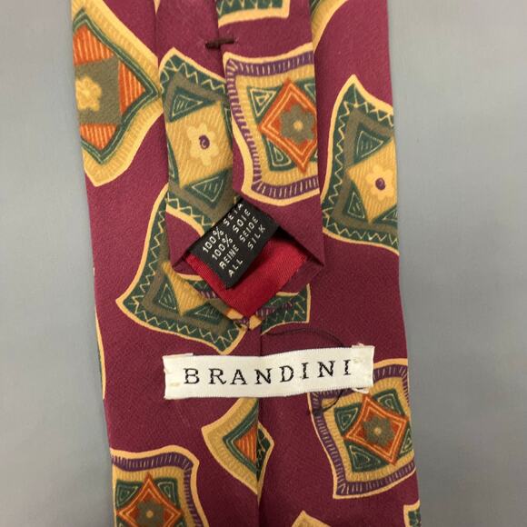 Brandini Italian Silk Tie | Red Yellow Green Geometric | 60" x 3.75" - Picture 3 of 4
